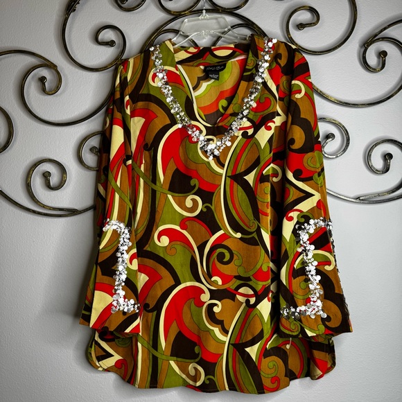 Patti Labelle Sequin Trim Multi-Color Brown Orange Retro Style Blouse Sz L - Picture 5 of 10